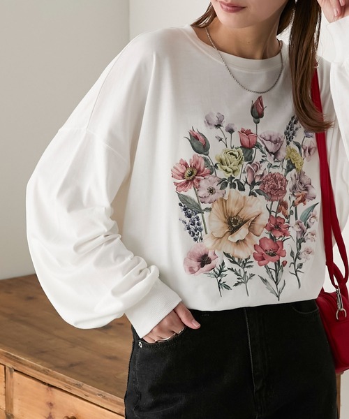 Rojo vino フラワープリントシアーカットソー セール】ヴィンテージフラワープリントオーバーロンTEE（Tシャツ