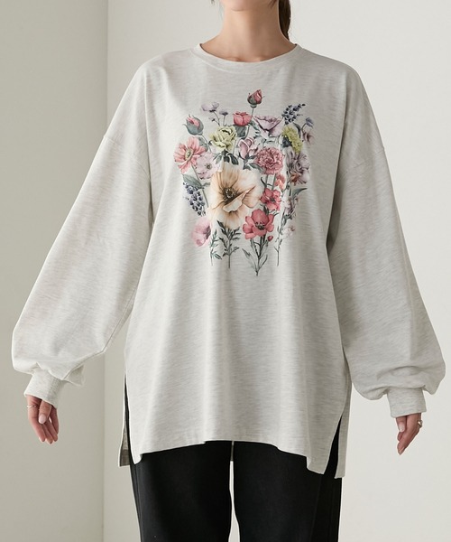 Rojo vino フラワープリントシアーカットソー セール】ヴィンテージフラワープリントオーバーロンTEE（Tシャツ