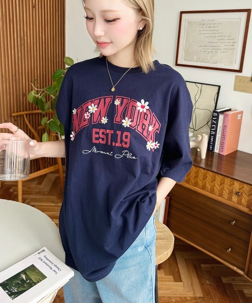 tシャツ ハートｂｏｕｑｕｅｔプリントプルオーバー　Tシャツ・カットソー レディース セール】綿100%オーバーサイズロゴプリント＆フラワー刺繍半袖T