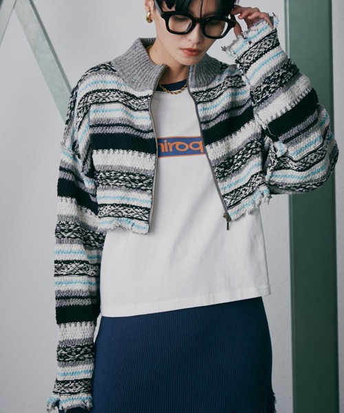 CREOLME(クレオルム)の「(CREOLME)マルチボーダーニットカーデ(カーディガン/ボレロ・レディース・ピンク/グレー・FREE)」の2枚目の写真