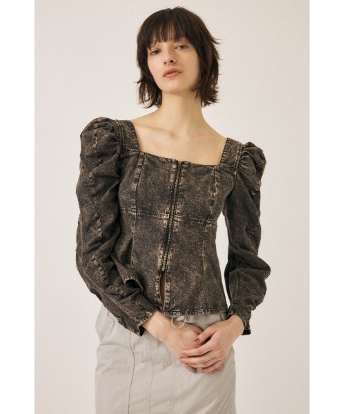 MOUSSY（マウジー）の「AGING DENIM BUSTIER ブラウス（シャツ/ブラウス・レディース・ブラウン/ライトブルー・FREE）」の6枚目の写真