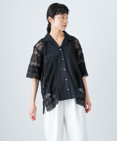 新品タグ付き✨かぐれ レース オープンカラーシャツ F ブラック kagure かぐれ（カグレ）の「レースオープンカラーシャツ（シャツ/ブラウス
