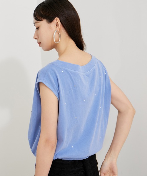 VIS（ビス）の「【洗える】ホットフィットピグメント加工短丈プルオーバー（Tシャツ/カットソー・レディース・オフホワイト/サックスブルー/スミクロ・FREE）」の6枚目の写真