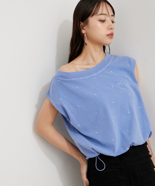 VIS（ビス）の「【洗える】ホットフィットピグメント加工短丈プルオーバー（Tシャツ/カットソー・レディース・オフホワイト/サックスブルー/スミクロ・FREE）」の7枚目の写真