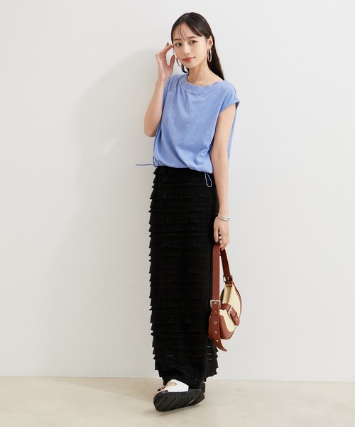 VIS（ビス）の「【洗える】ホットフィットピグメント加工短丈プルオーバー（Tシャツ/カットソー・レディース・オフホワイト/サックスブルー/スミクロ・FREE）」の9枚目の写真