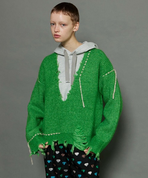 ニット セーター Hand Stitch Deep V-neck Knitwear/ハンドステッチディープＶネックニット「MAISON SPECIAL MAISON SPECIAL（メゾンスペシャル）の「Hand Stitch Deep V