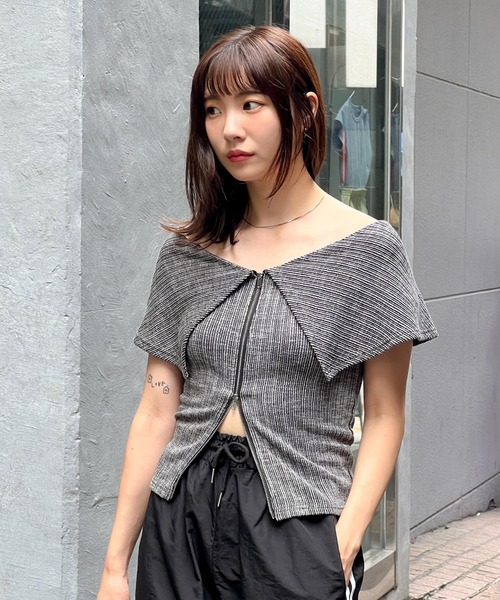 3.3 Field Trip （3.3フィールドトリップ）の「3.3 Field Trip／オフショルジップT（Tシャツ/カットソー・レディース・ブラック/ホワイト/パープル・FREE）」の10枚目の写真