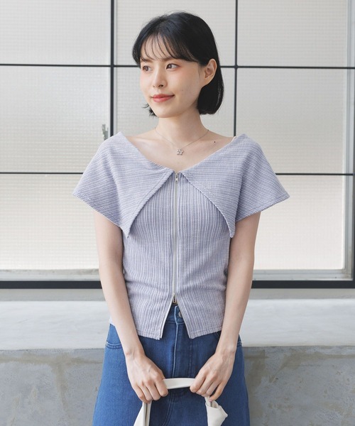 3.3 Field Trip （3.3フィールドトリップ）の「3.3 Field Trip／オフショルジップT（Tシャツ/カットソー・レディース・ブラック/ホワイト/パープル・FREE）」の18枚目の写真