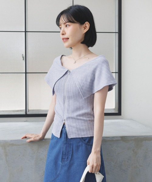 3.3 Field Trip （3.3フィールドトリップ）の「3.3 Field Trip／オフショルジップT（Tシャツ/カットソー・レディース・ブラック/ホワイト/パープル・FREE）」の19枚目の写真