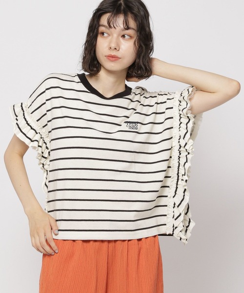 niko and...（ニコアンド）の「チュールフリルボーダープルオーバー（Tシャツ/カットソー・レディース・ブラック/レッド/グリーン・FREE）」の2枚目の写真