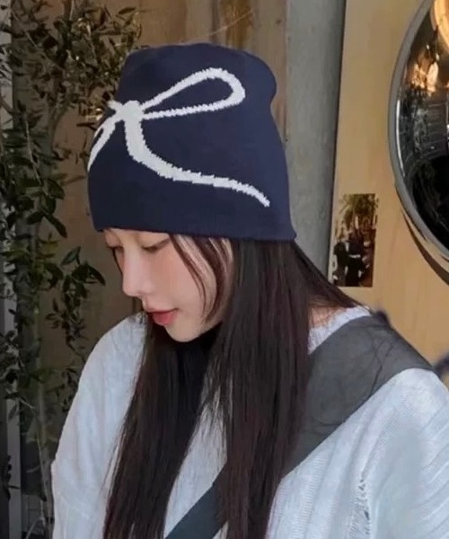 セール】リボン柄バイカラーニットキャップ（ニットキャップ/ビーニー