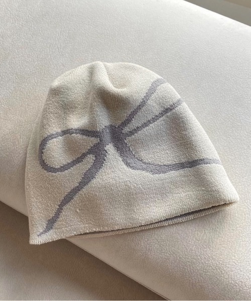 LADY LIKE(レディライク)の「リボン柄バイカラーニットキャップ(ニットキャップ/ビーニー・レディース・ネイビー/ブラック/オフホワイト・F)」の2枚目の写真