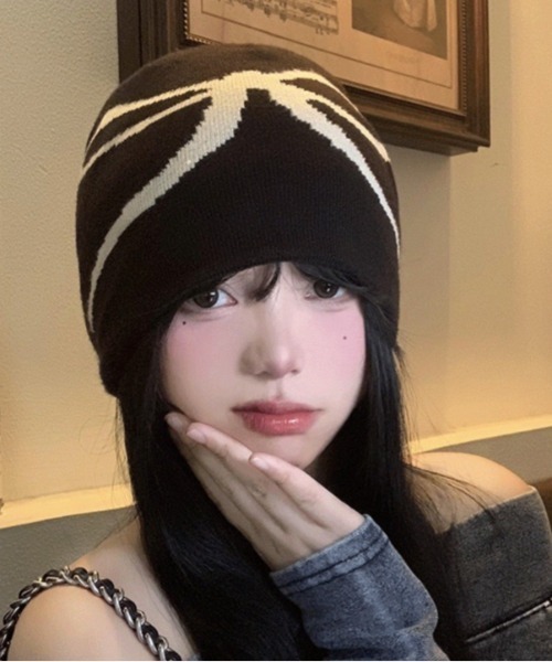 LADY LIKE(レディライク)の「リボン柄バイカラーニットキャップ(ニットキャップ/ビーニー・レディース・ネイビー/ブラック/オフホワイト・F)」の5枚目の写真