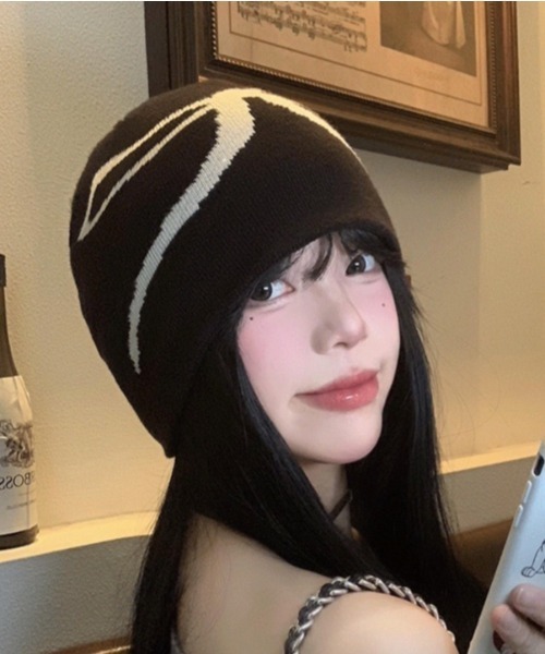 セール】リボン柄バイカラーニットキャップ（ニットキャップ/ビーニー