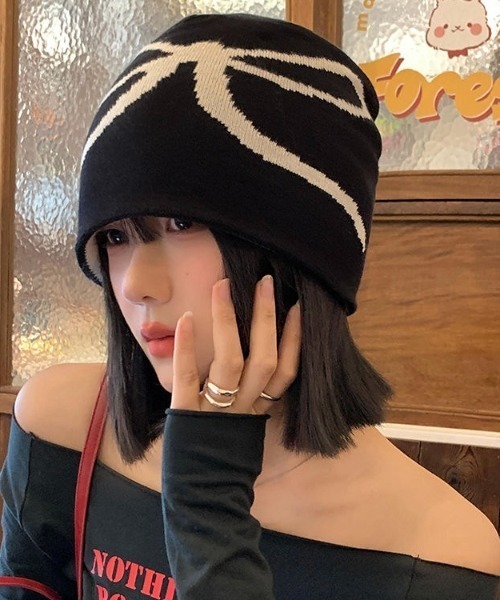 LADY LIKE(レディライク)の「リボン柄バイカラーニットキャップ(ニットキャップ/ビーニー・レディース・ネイビー/ブラック/オフホワイト・F)」の8枚目の写真