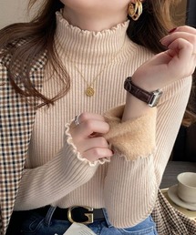 SEU（エスイーユー）の「裏起毛 リブニットトップス レディース 暖かい メロウフリルハイネック ロングスリーブ オフィスカジュアル きれいめカジュアル レディース 韓国（ニット/セーター）」