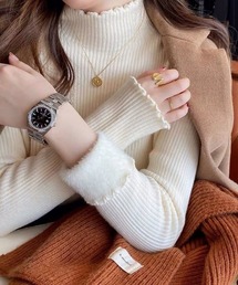 SEU（エスイーユー）の「裏起毛 リブニットトップス レディース 暖かい メロウフリルハイネック ロングスリーブ（ニット/セーター）」