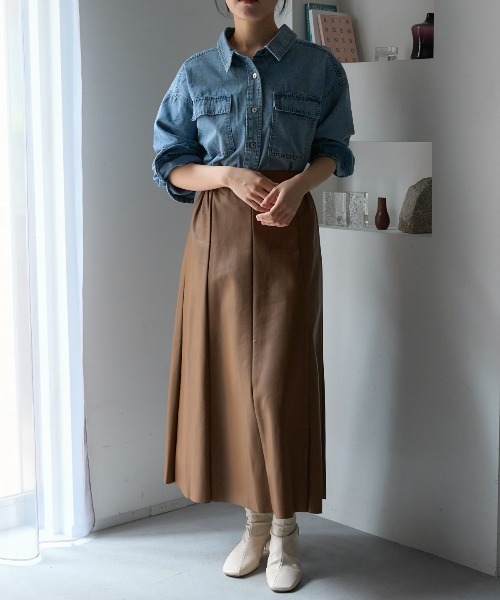 Sezane ブラウン スエード　タイトスカート SET]フェイクスウェードシャツジャケット+フェイクスウェード