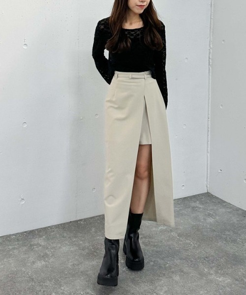 archives（アルシーヴ）の「レイヤードラップタイトスカパン（スカート・レディース・モカ/アイボリー/ブラック・MEDIUM）」の13枚目の写真