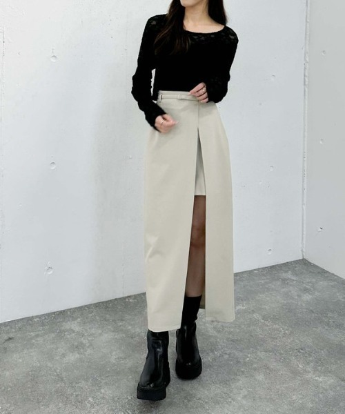archives（アルシーヴ）の「レイヤードラップタイトスカパン（スカート・レディース・モカ/アイボリー/ブラック・MEDIUM）」の14枚目の写真