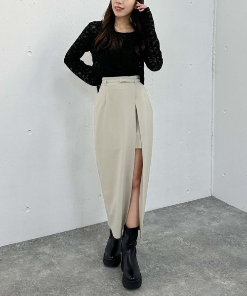 archives（アルシーヴ）の「レイヤードラップタイトスカパン（スカート・レディース・モカ/アイボリー/ブラック・MEDIUM）」の15枚目の写真