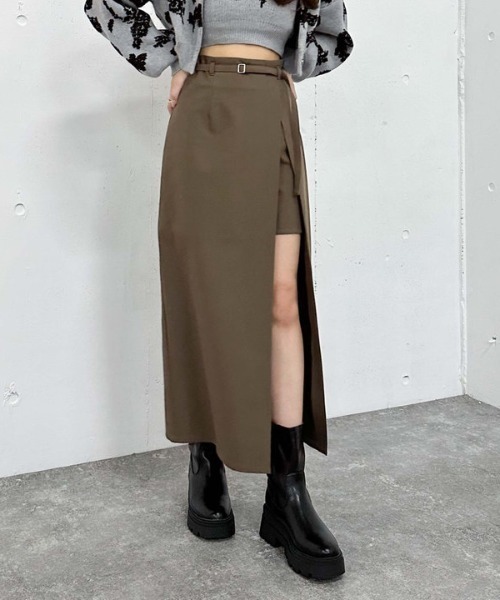 archives（アルシーヴ）の「レイヤードラップタイトスカパン（スカート・レディース・モカ/アイボリー/ブラック・MEDIUM）」の18枚目の写真