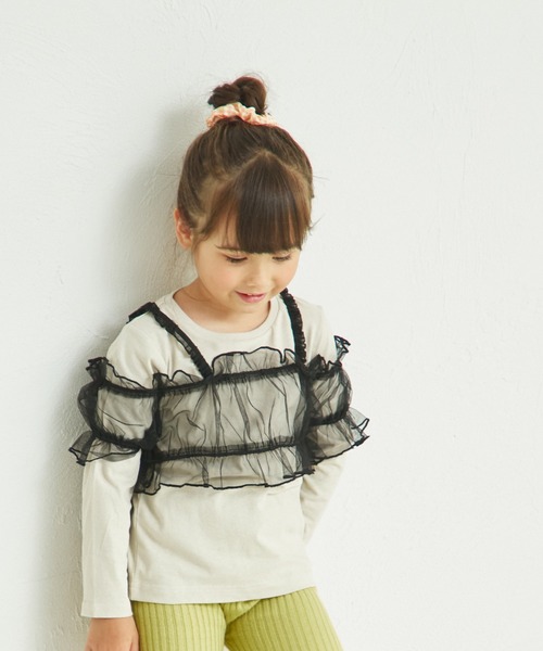 pairmanon（ペアマノン）の「チュールビスチェ付き 2点セット 長袖Tシャツ（Tシャツ/カットソー・キッズ・ホワイト/ベージュ/ブラック・100/110/120/130/140/150/90）」の3枚目の写真