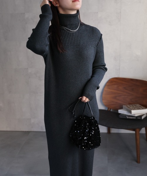 セール】ハイネックリブニットワンピース ロング丈/アウトシーム