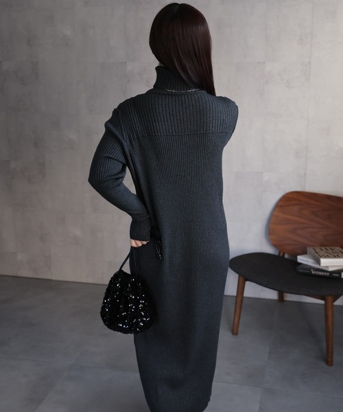 セール】ハイネックリブニットワンピース ロング丈/アウトシーム