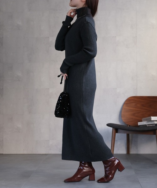 セール】ハイネックリブニットワンピース ロング丈/アウトシーム