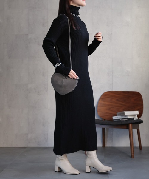 セール】ハイネックリブニットワンピース ロング丈/アウトシーム