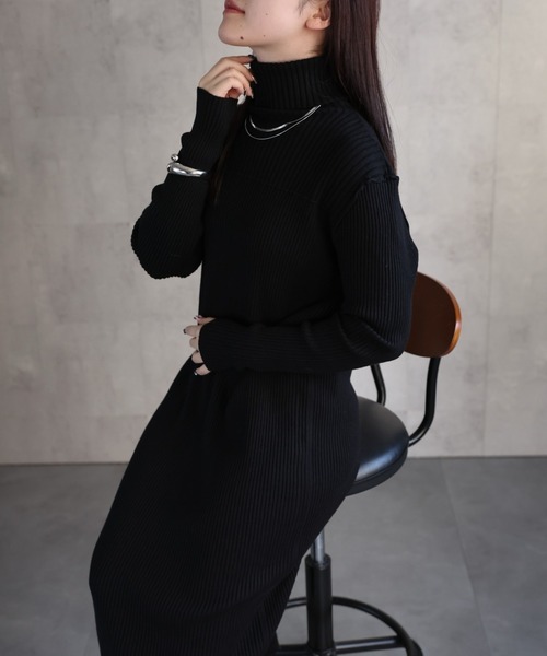 セール】ハイネックリブニットワンピース ロング丈/アウトシーム