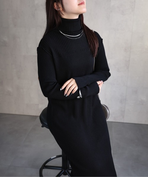 ハイネックリブニットワンピース ロング丈/アウトシームデザイン
