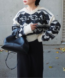 LAULEN | nordic pattern V-neck short knit tops /ノルディック柄 Vネック ショート丈 ニット(ニット/セーター)