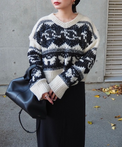 nordic pattern V-neck short knit tops /ノルディック柄 Vネック