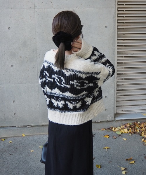 nordic pattern V-neck short knit tops /ノルディック柄 Vネック