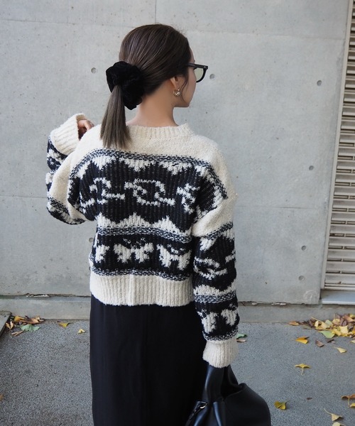 nordic pattern V-neck short knit tops /ノルディック柄 Vネック