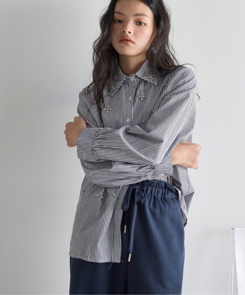 セール】ビジューエンブロイダリーストライプシャツ（シャツ/ブラウス