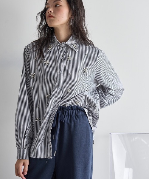 セール】ビジューエンブロイダリーストライプシャツ（シャツ/ブラウス