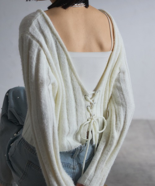 スピンドルレースアップバックシャンリブニット（ニット/セーター