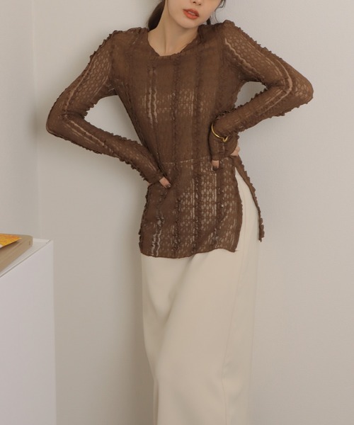 LAULEN（ローレン）の「sheer lace pullover /シアー レース編み クルーネック プルオーバー（その他トップス・レディース・ブラック/アイボリー/ブラウン・FREE）」の3枚目の写真