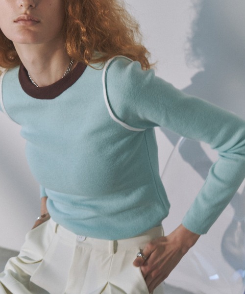 Solace(ソレイス)の「配色ライントップス(ニット/セーター・レディース・ホワイト/ブラック/ブルー・FREE)」の3枚目の写真