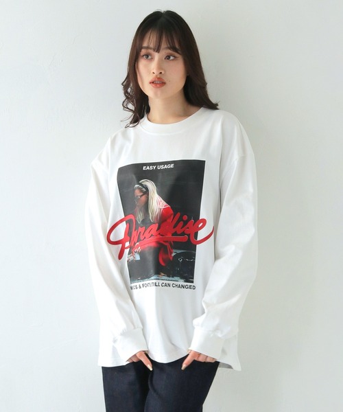 HER CLOSET(ハークローゼット)の「【shemoshelly】フォトプリントロゴオーバーサイズ ロンT(Tシャツ/カットソー・レディース・オフホワイト/ブラック・FREE)」の1枚目の写真