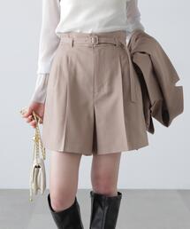 ◆[セットアップ対応]梳毛調合繊ベルト付きタックショートパンツ