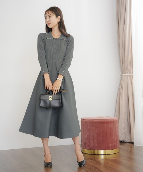 パールトリム 襟付き ニット ワンピース le reve vaniller（ワンピース