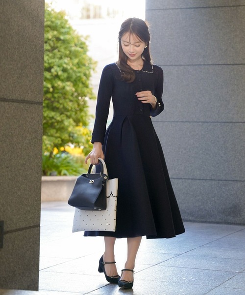 パールトリム 襟付き ニット ワンピース le reve vaniller（ワンピース