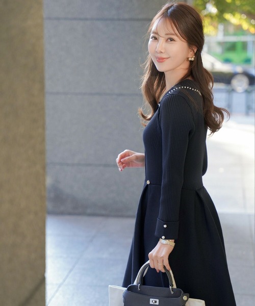 パールトリム 襟付き ニット ワンピース le reve vaniller（ワンピース