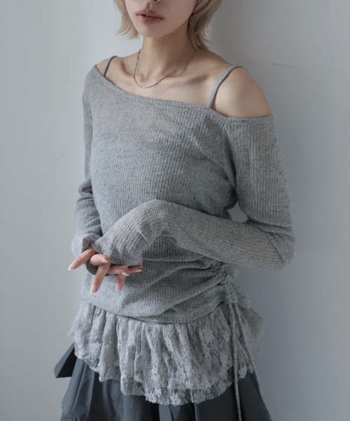 Ulysses(ユリシス)の「2set サイドシャーリングカットソー&レースキャミ(Tシャツ/カットソー・レディース・グレー/ブラック/モカ・F)」の3枚目の写真