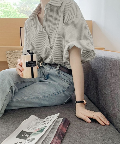 BLANC FICELLE(ブランフィセル)の「半袖 オーバーサイス ストライプ シャツ(シャツ/ブラウス・レディース・オレンジ/グリーン・S/M/L)」の4枚目の写真