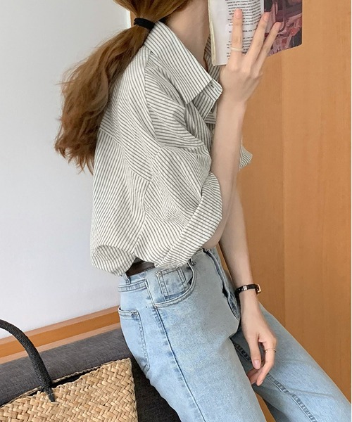 BLANC FICELLE(ブランフィセル)の「半袖 オーバーサイス ストライプ シャツ(シャツ/ブラウス・レディース・オレンジ/グリーン・S/M/L)」の8枚目の写真